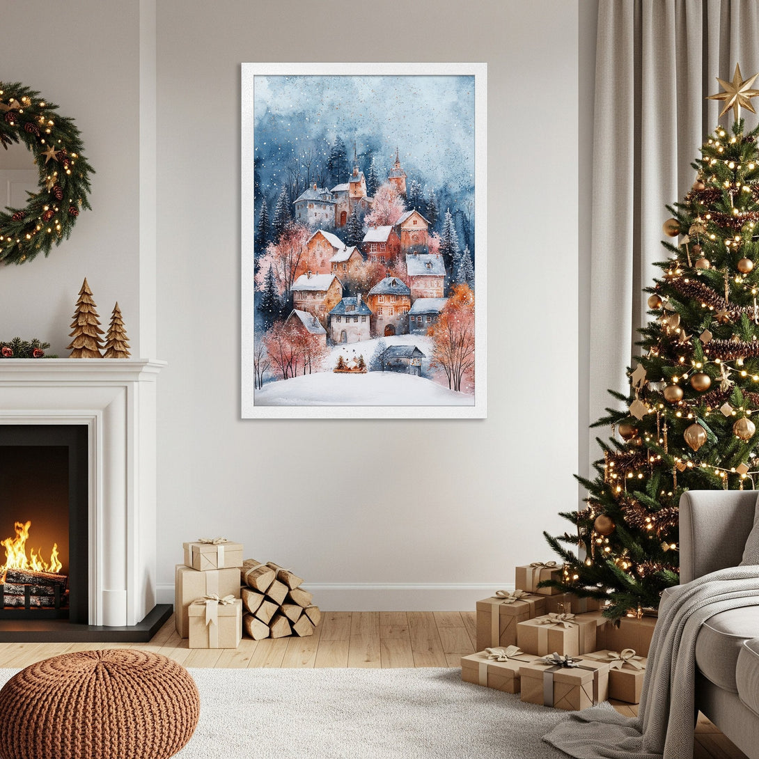 Framed Poster featuring a watercolor winter village scene in blue, orange, and white. Perfect holiday decor!