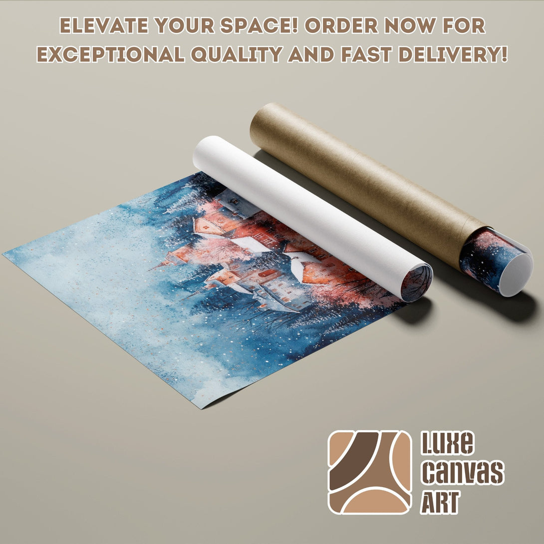 Poster Roll featuring a watercolor cityscape in blue and orange hues. Elevate your space with art!