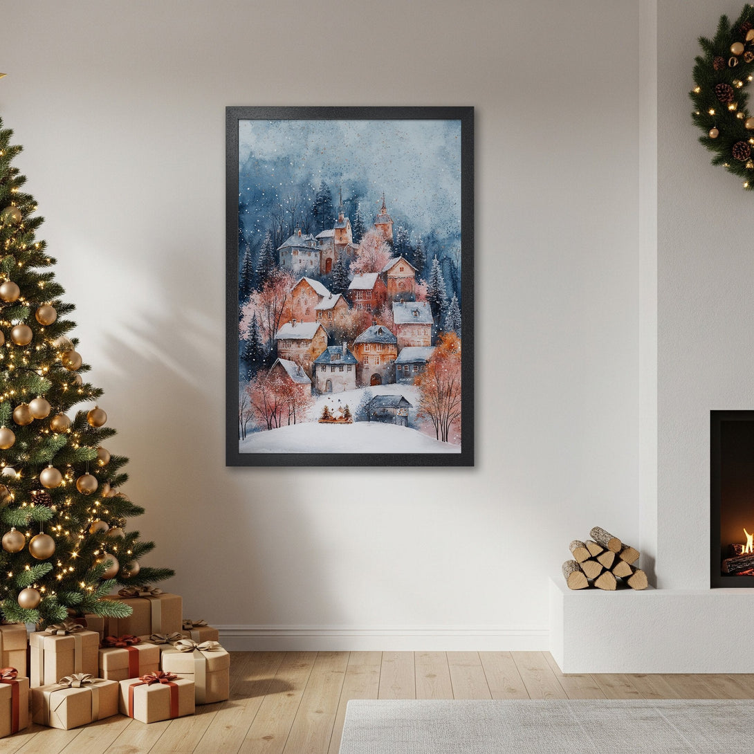 Framed Poster of a winter village in watercolor style, featuring blue, white, and orange hues. Perfect holiday decor!