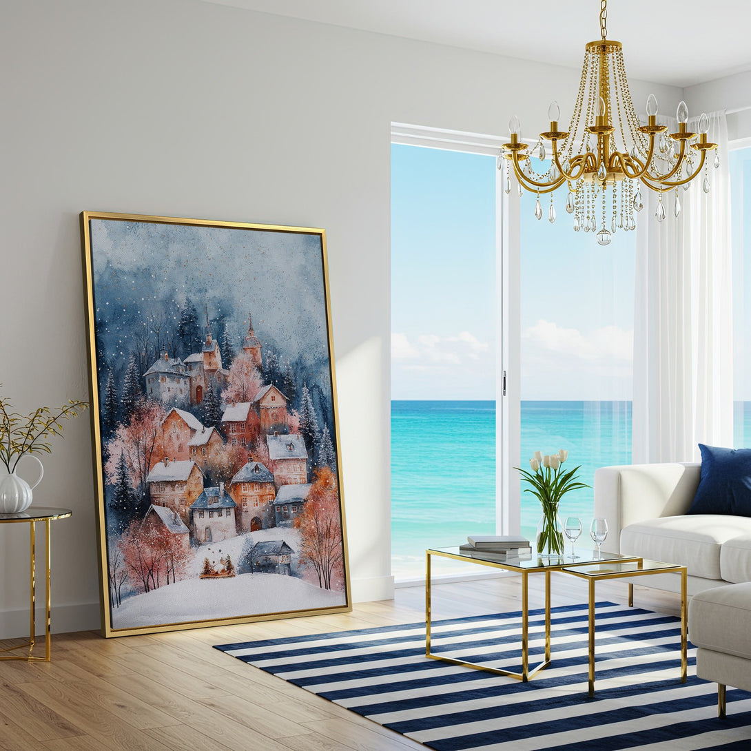 Canvas Print of a watercolor winter village scene in blue, orange, and brown tones, displayed in a cozy living room setting.
