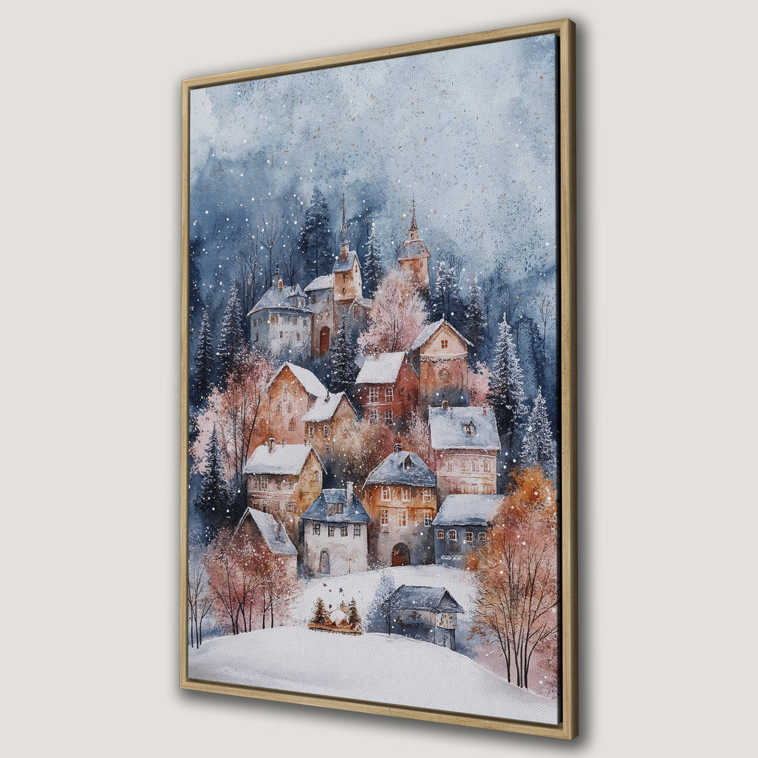 Framed Wall Art of a winter village scene. Watercolor style with a blue, brown, and white color palette. Perfect for cozy home decor.