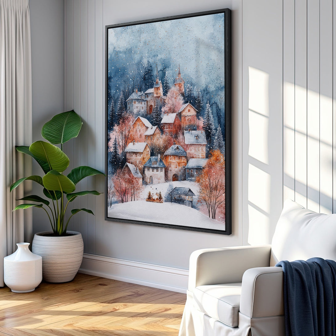 Framed Wall Art: Watercolor winter village scene in blue, orange, and white tones. Perfect for cozy decor and adding a touch of art to any room.