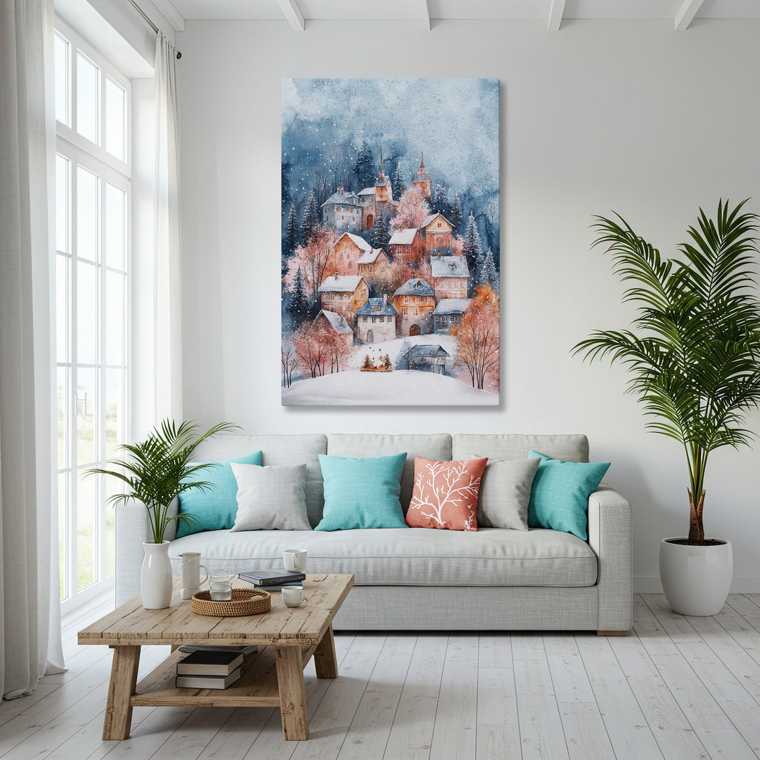 Framed Wall Art: Watercolor village scene in winter colors. Blue, orange, and white palette. Perfect for adding a touch of cozy elegance to your home.
