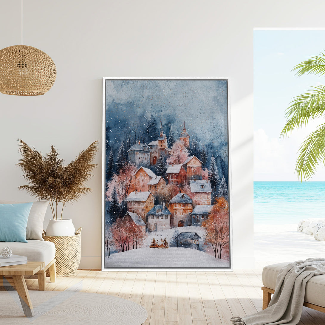 Framed Wall Art: Watercolor village scene in blue, orange, and white. Perfect for cozy decor! Bring the beauty of winter indoors with this stunning print.