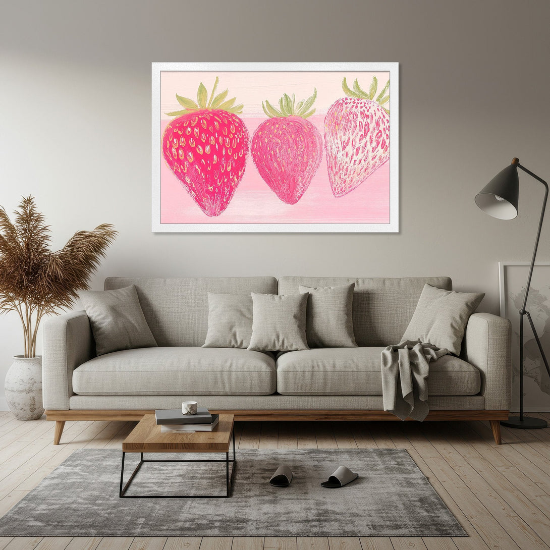 Framed Poster featuring vibrant strawberry art in pink hues. Modern, stylish wall decor for your home. Add a pop of color!