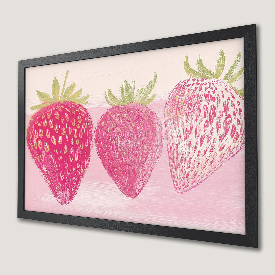Framed Poster featuring vibrant strawberry art in pink and green hues, perfect for kitchen decor.