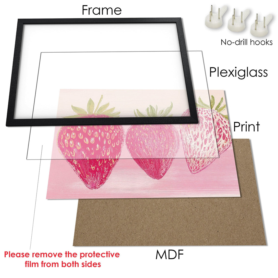 Framed Poster featuring vibrant strawberry art in pink and red hues, perfect for adding a touch of fresh style to your space.