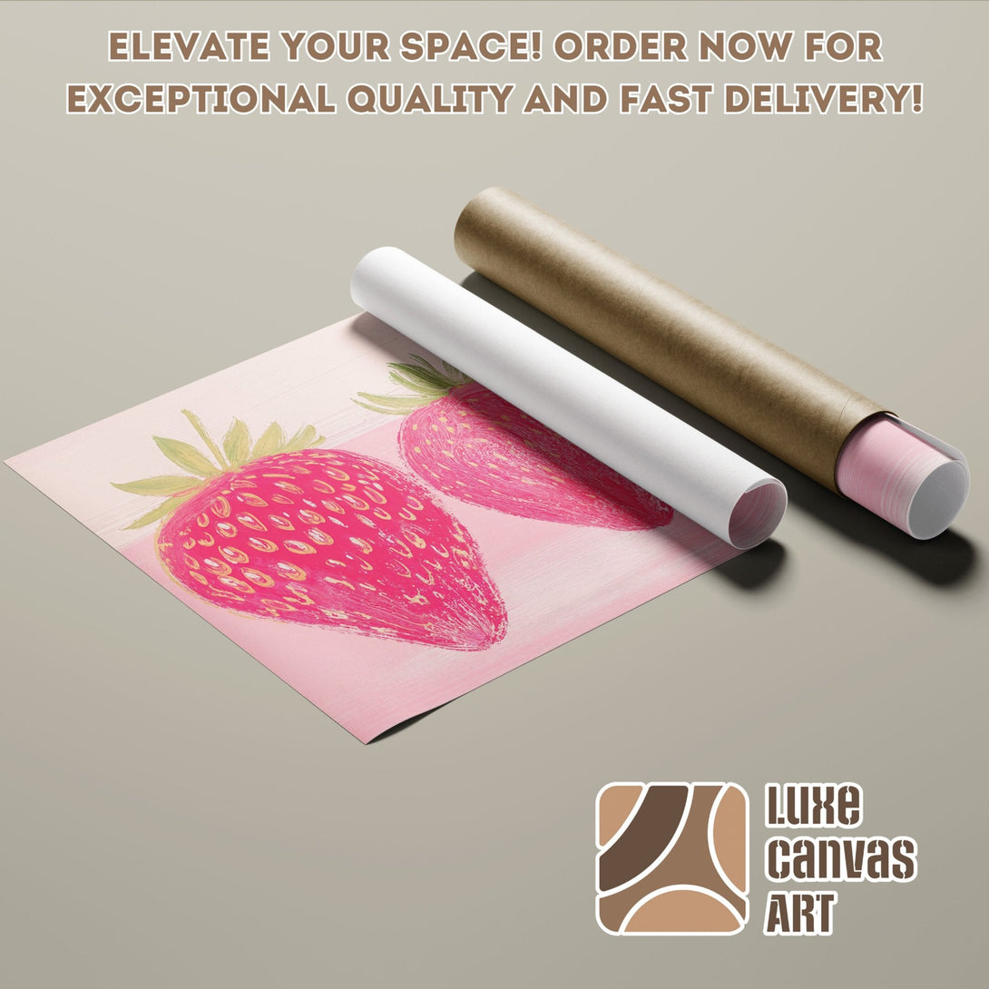Strawberry Poster Roll art print, pink and green palette, modern style. Order now for fast delivery!