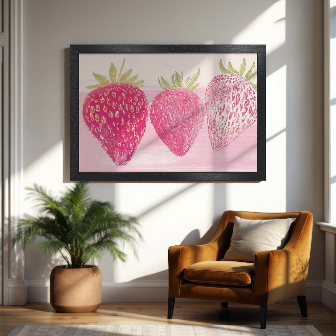 Framed Poster featuring vibrant strawberry art in pink and green tones. Perfect for kitchen or dining room decor.