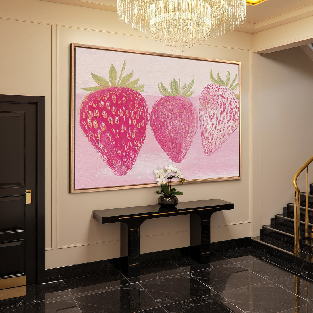 Framed Wall Art: Whimsical strawberry art in pink palette. Perfect for adding a pop of color and style to your home decor.