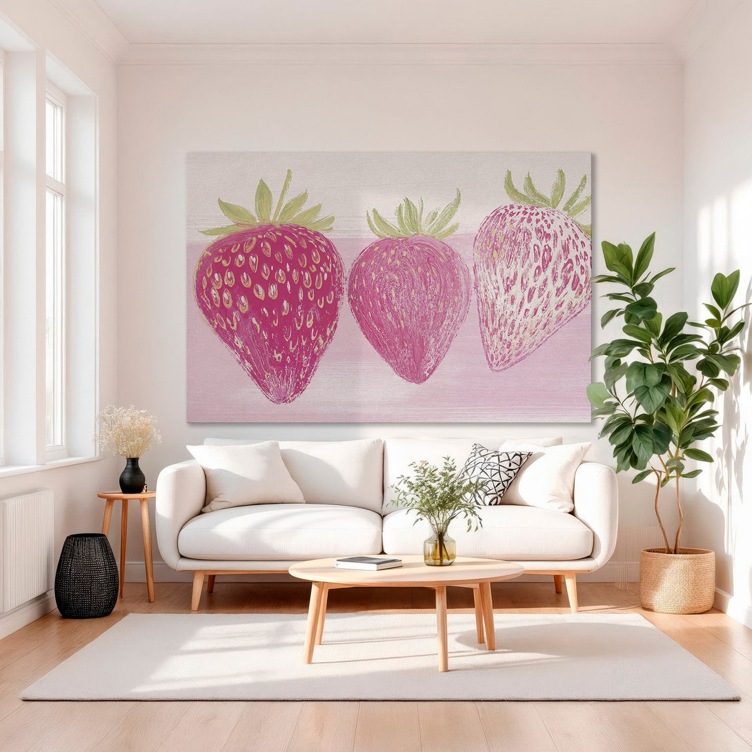 Framed Wall Art: Vibrant strawberry canvas print in pink and gold. Modern art for living room decor. Shop now for stylish wall art!