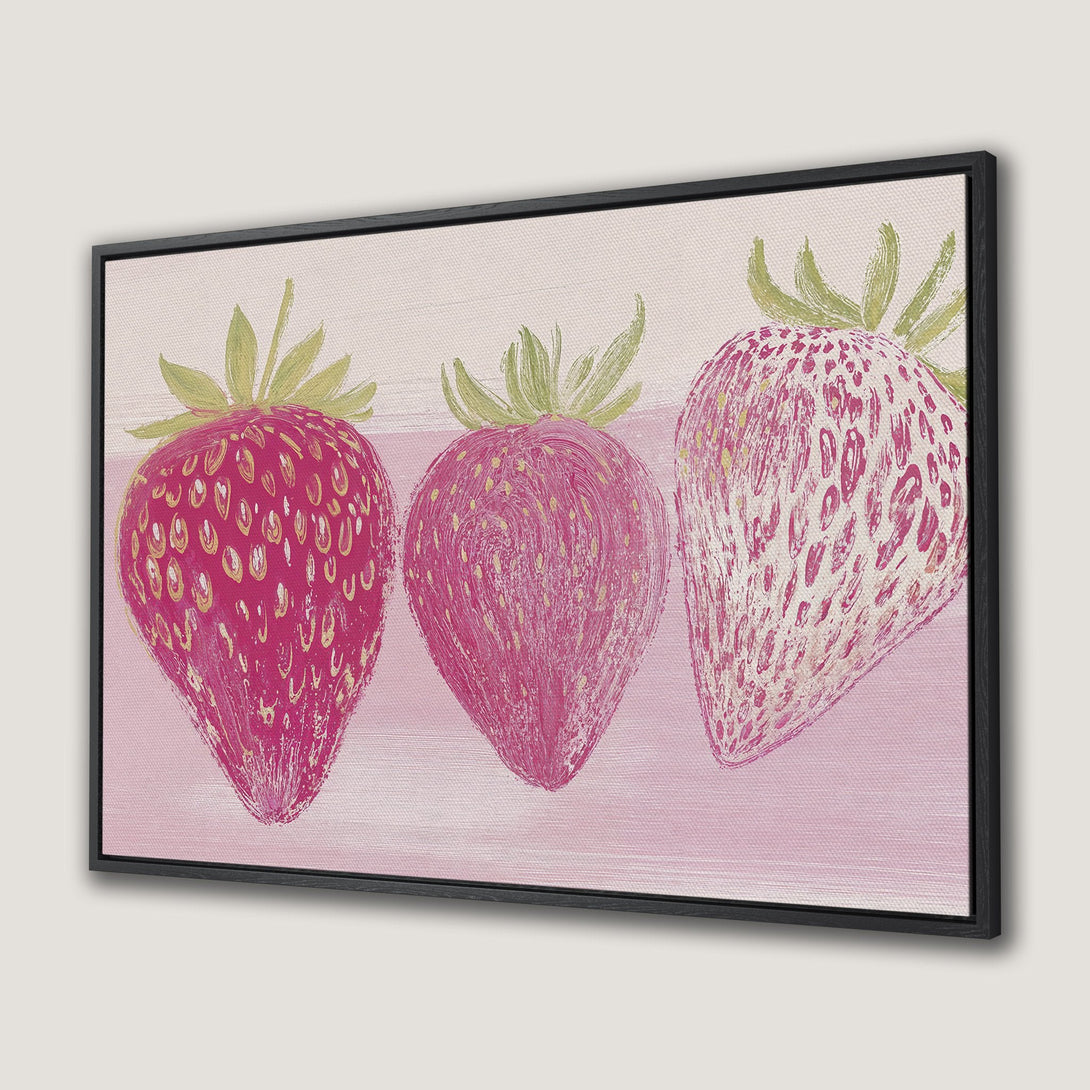 Framed Wall Art featuring a whimsical strawberry painting in pink and green hues. Add a touch of artful charm to your space!