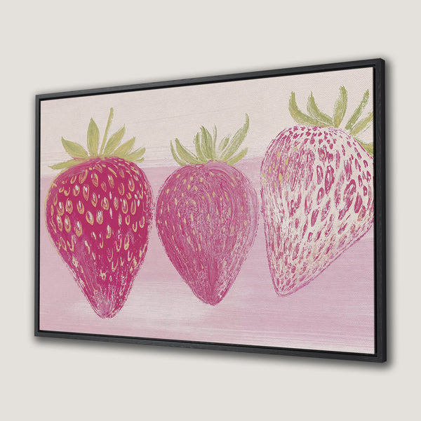 Framed Wall Art featuring a whimsical strawberry painting in pink and green hues. Add a touch of artful charm to your space!