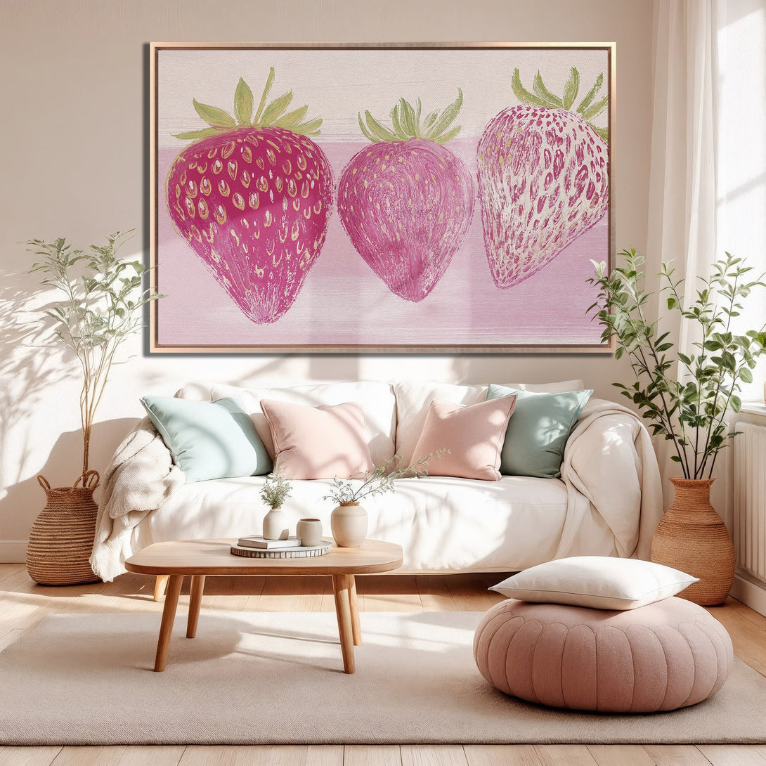 Framed Wall Art featuring a vibrant strawberry painting in pink hues, adding a touch of modern art to any interior.