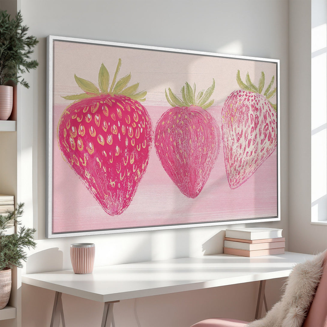 Framed Wall Art: Playful strawberry painting in pink & green. Perfect for kitchen or dining room decor. Add a pop of color to your space!