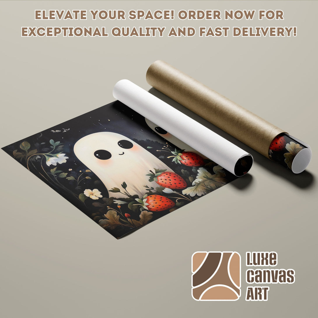 Cute ghost and strawberry Poster Roll art print, dark palette with pops of red. Elevate your space!