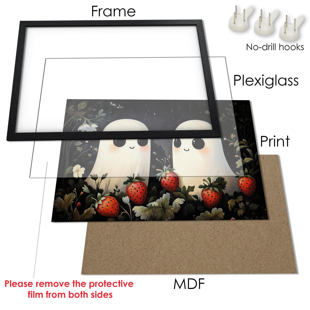 Framed Poster featuring cute ghost art, dark and whimsical style, with a black, red, and green color palette. Perfect wall decor!