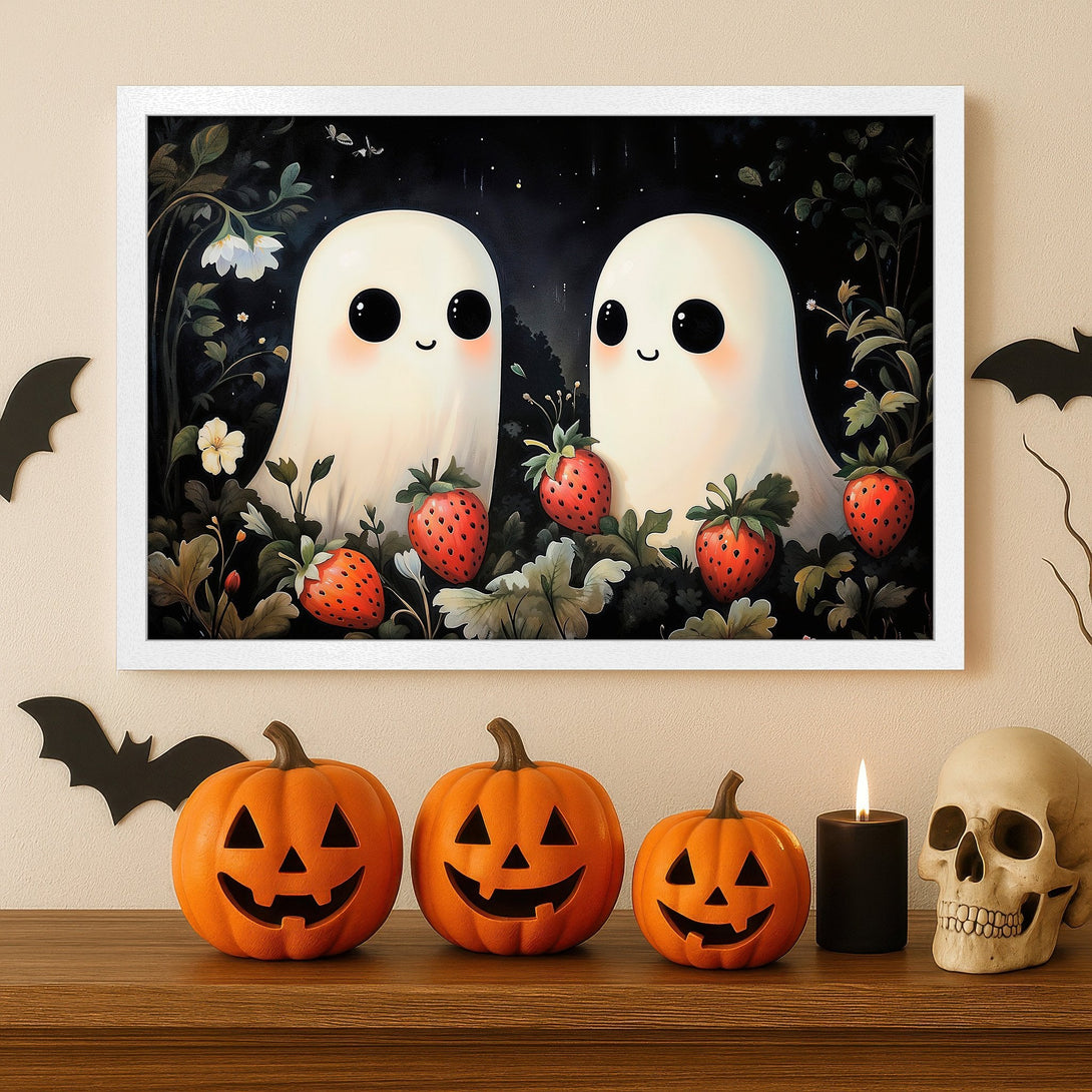Framed Poster featuring cute ghost art with strawberries, whimsical style, dark & light color palette, perfect Halloween decor.