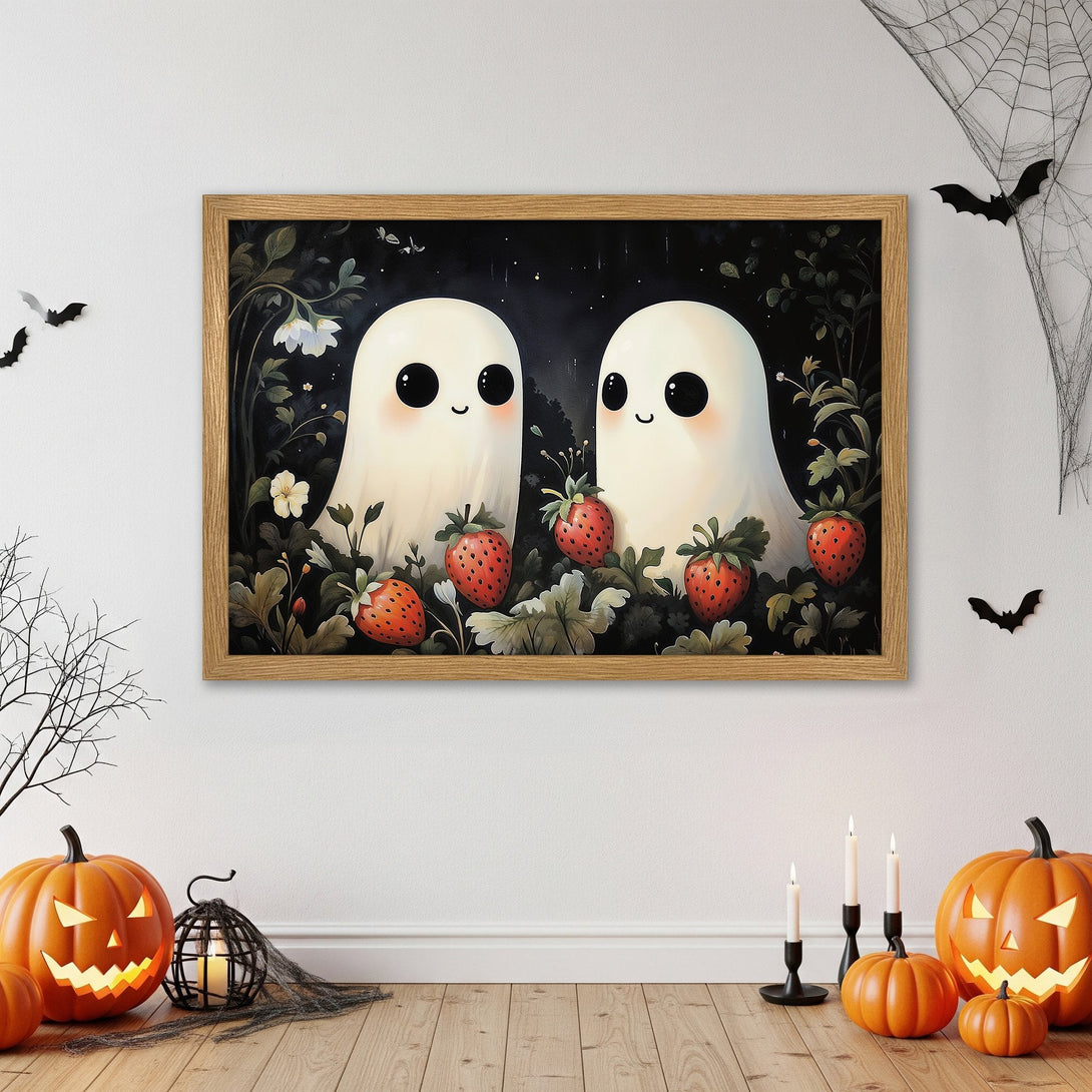 Framed Poster featuring cute ghost art with strawberries, whimsical style, and a black, green, and red color palette. Perfect Halloween decor!
