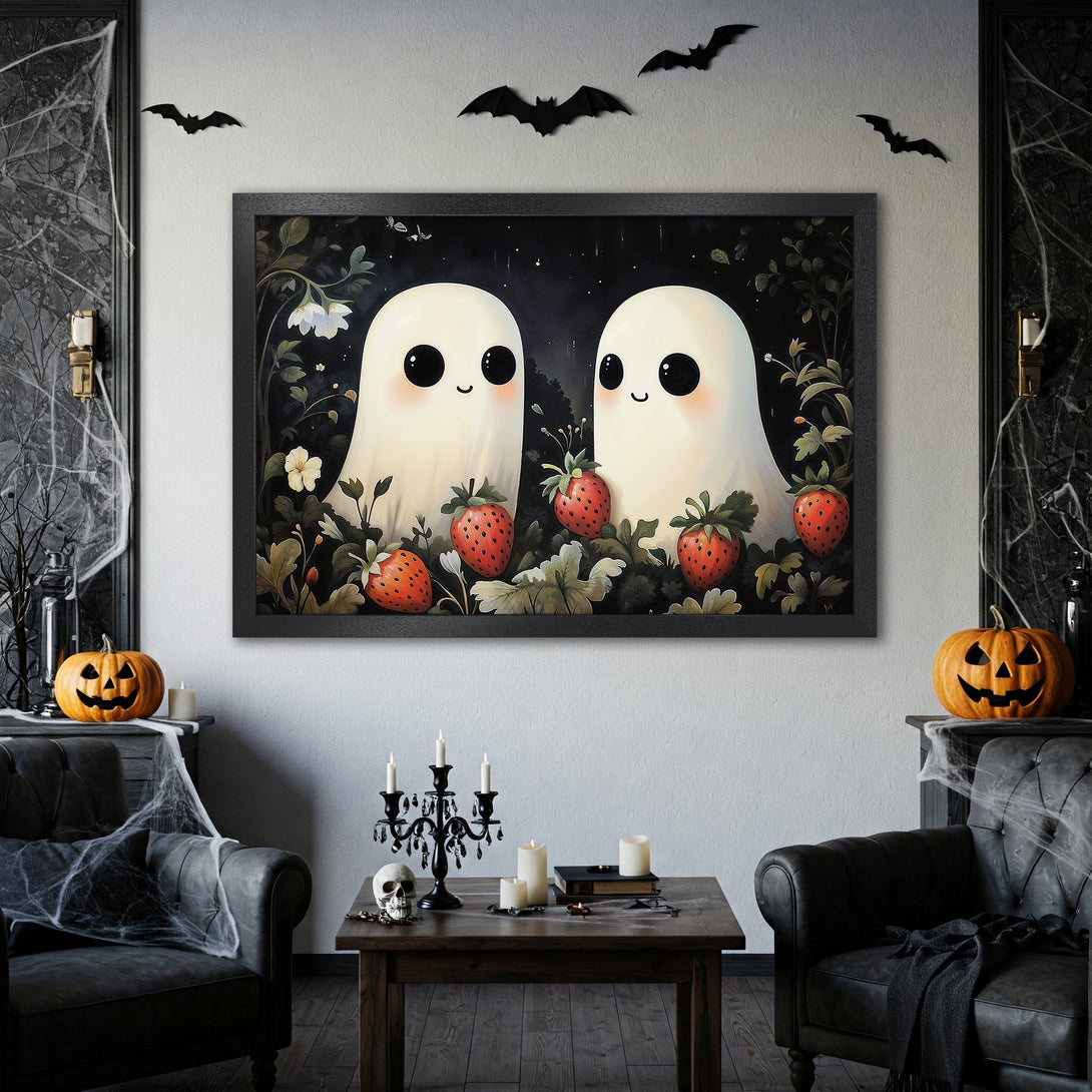 Framed Poster featuring cute ghost art with strawberries, whimsical style, and a dark, moody color palette. Perfect Halloween decor!
