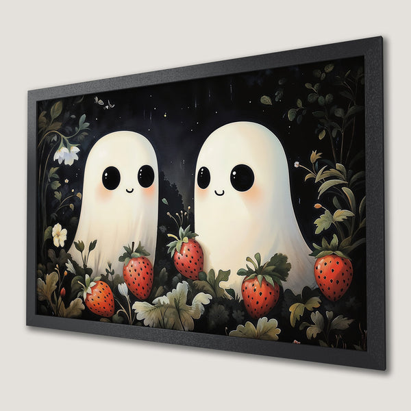 Framed Poster featuring adorable ghost characters with strawberries, whimsical style, dark & vibrant color palette. Perfect wall art!