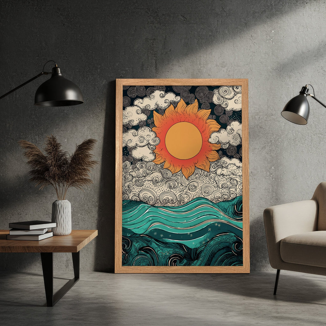 Framed Poster featuring a sun and ocean illustration in a vintage style, with a teal, orange, and navy color palette.