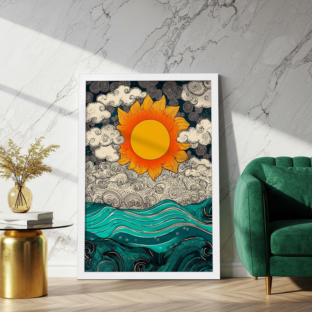 Framed Poster featuring a vibrant sun and ocean scene, artistic style with teal, orange, and cream color palette. Perfect wall art!