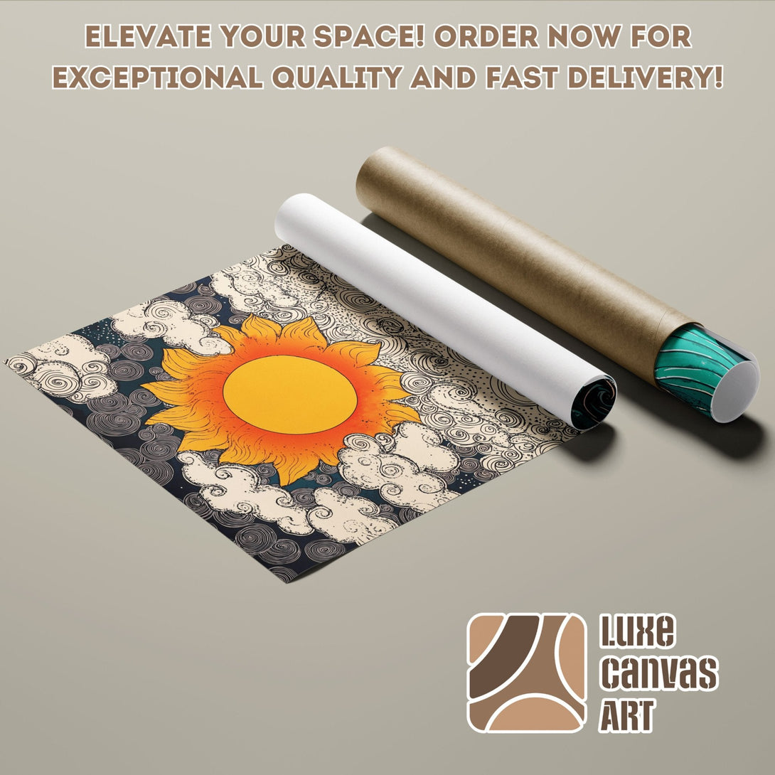 Poster Roll featuring a sun and clouds in a vintage style, warm color palette. Order now!