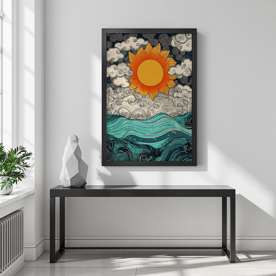Framed Poster featuring a sun and ocean scene in a vintage style with a teal and orange color palette. Perfect wall art!