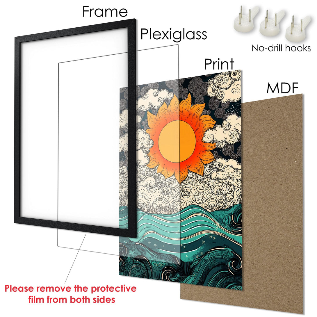 Framed Poster featuring a vibrant sun and ocean design. Artistic style with a warm orange and teal color palette. Ready to hang!