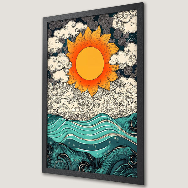Framed Poster featuring a vibrant sun over stylized ocean waves in a retro art style with a teal, orange, and navy color palette.