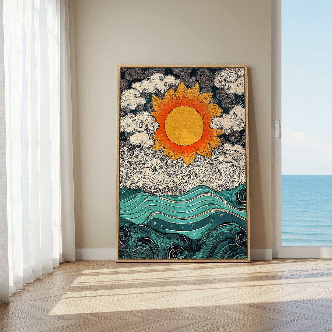 Framed Wall Art: Retro sun and ocean waves in a vibrant teal and orange palette. Perfect for adding a touch of boho style to your home decor.
