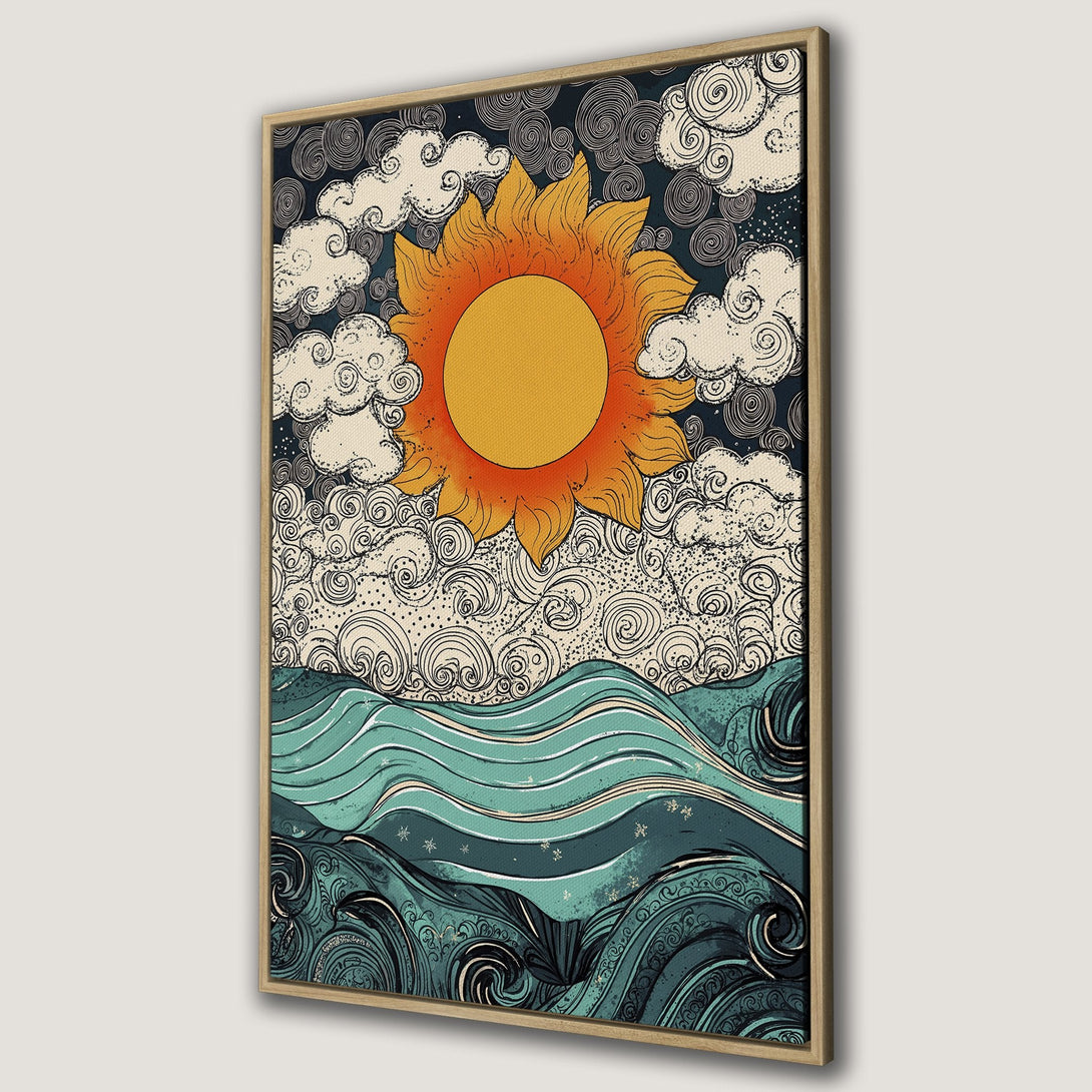 Framed Wall Art: Vintage sun and sea illustration in teal, orange, and navy. Perfect for coastal decor. Canvas Print adds a touch of retro style to any room.
