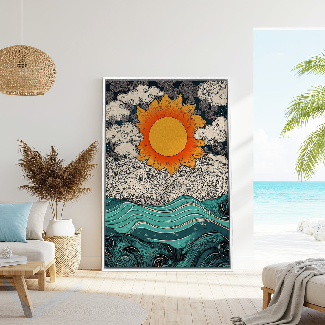 Framed Wall Art: Sun and sea illustration in teal, orange, and cream. Boho style Canvas Print adds coastal vibes to any space. Shop now!