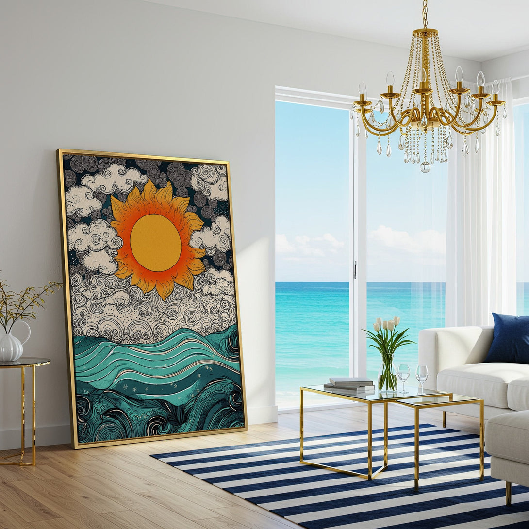 Canvas Print featuring a vibrant sun and ocean scene. Bohemian style with orange, teal, and neutral tones. Perfect wall art for living room.