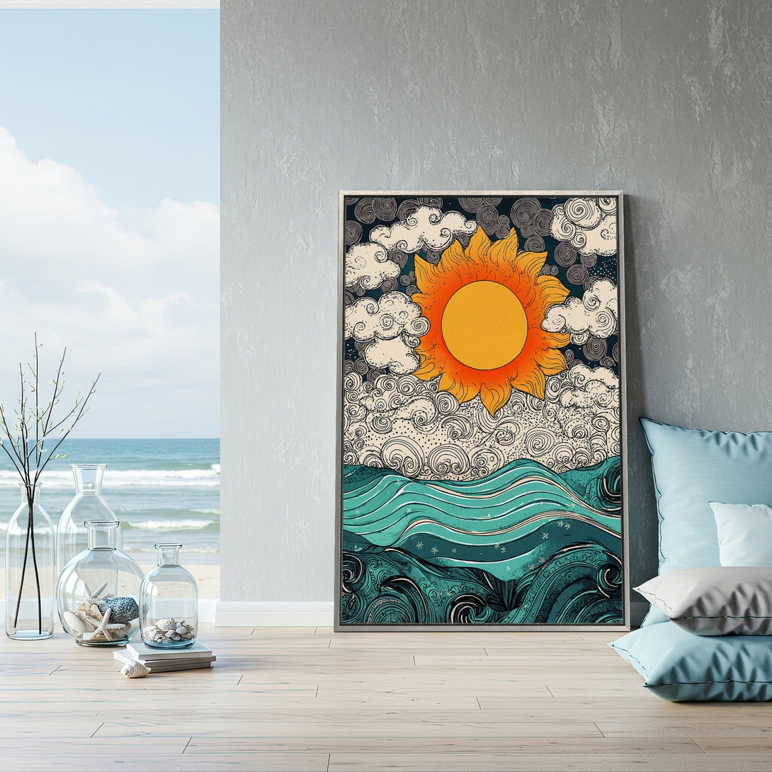 Framed Wall Art: Sun & sea illustration in retro style. Vibrant orange, teal, and navy color palette. Perfect coastal decor for a stylish home.