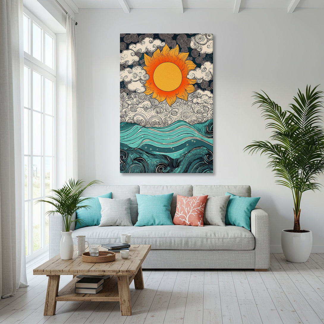 Framed Wall Art featuring a retro sun and ocean design in teal, orange, and cream. Perfect coastal decor for your home!