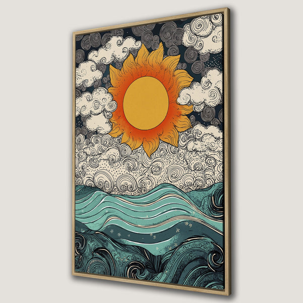Framed Wall Art: Vintage sun and sea illustration in teal, orange, and navy. Perfect for coastal decor. Canvas Print adds a touch of retro style to any room.