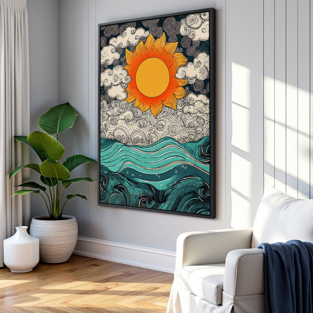 Framed Wall Art featuring a vibrant sun and ocean design in a retro style with a teal, orange, and navy color palette, perfect for adding a pop of color.