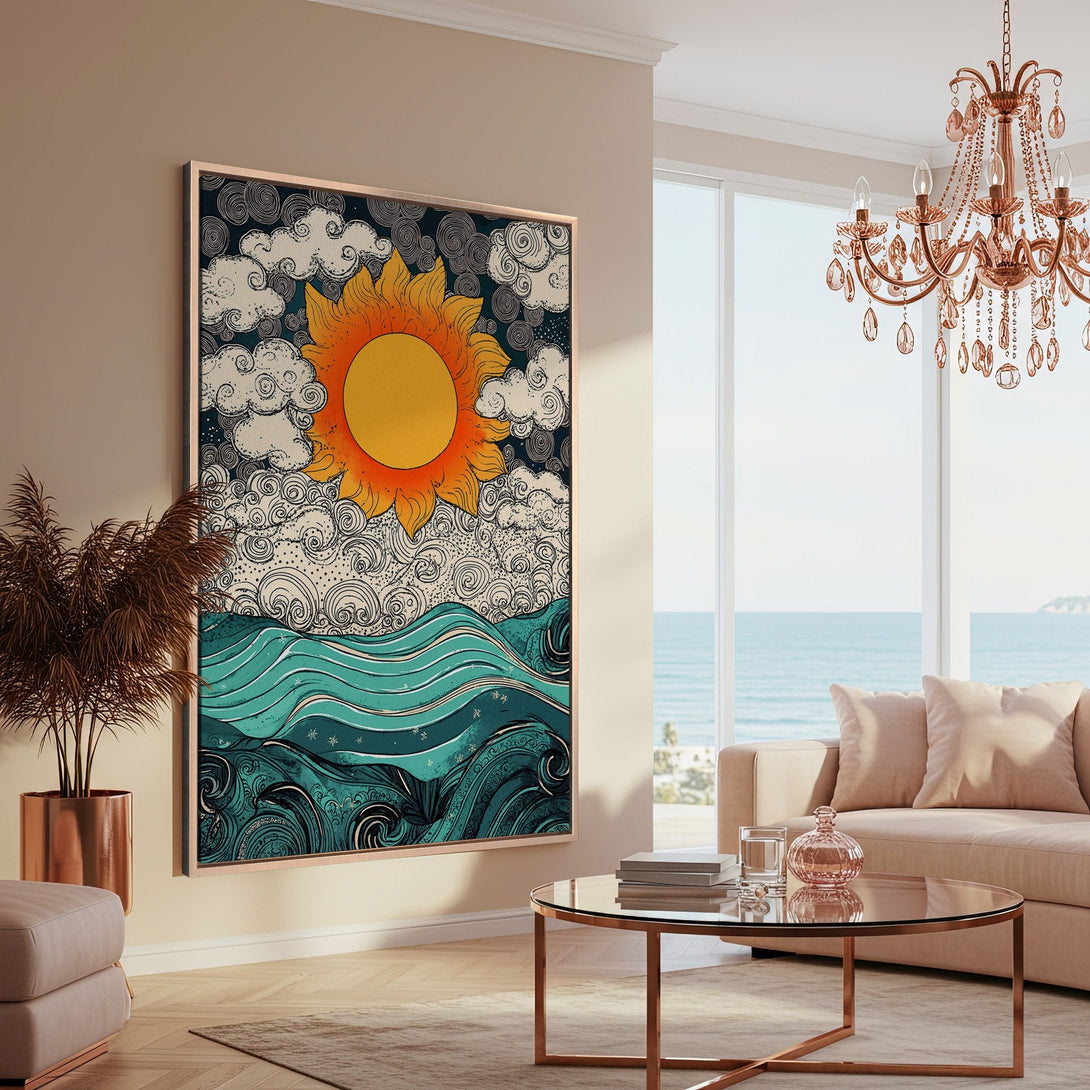 Framed Wall Art: Sun & sea design in a retro style. Warm orange, teal, and cream color palette. Perfect for coastal decor.