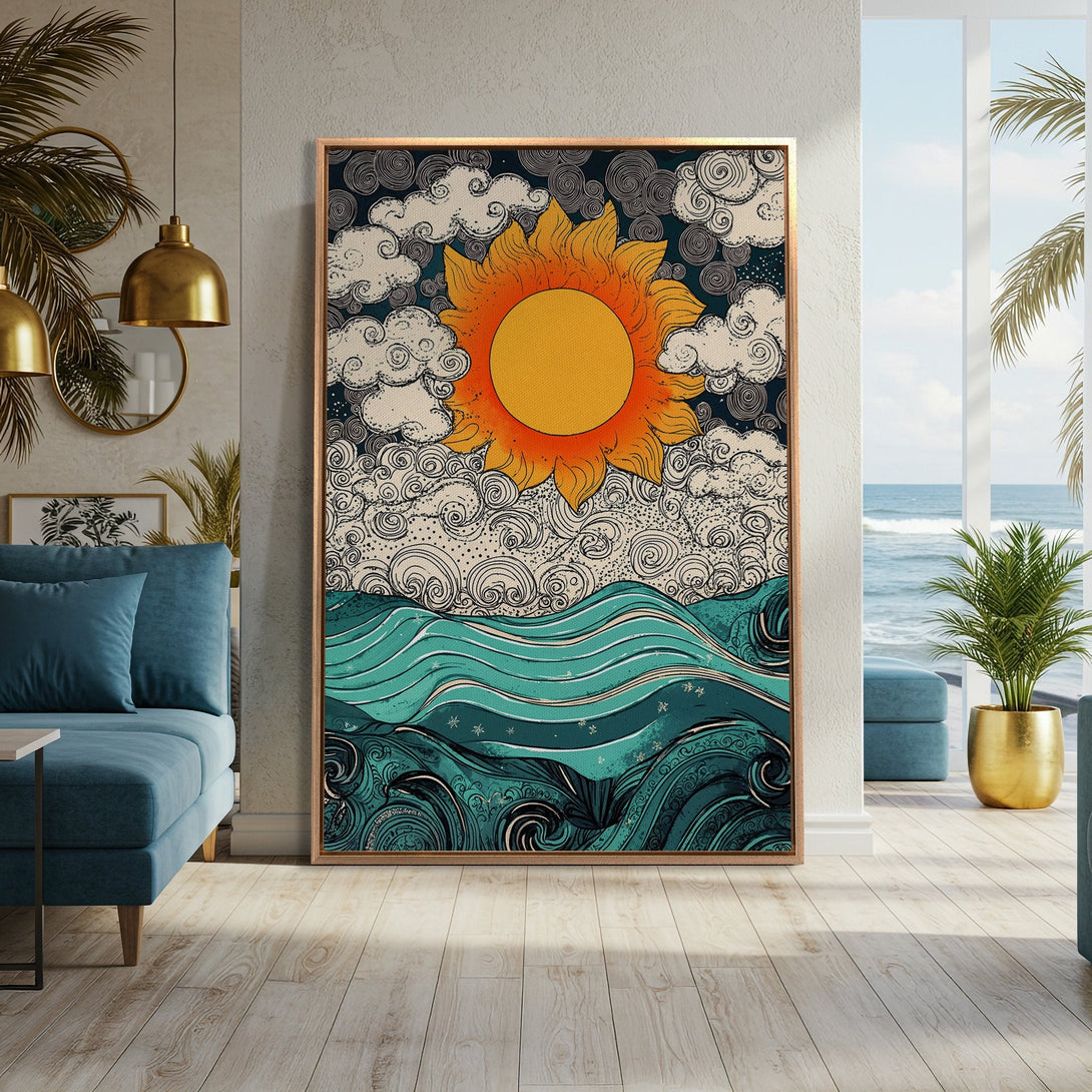 Framed Wall Art featuring a vibrant sun and ocean scene in a retro style, with a teal, orange, and cream color palette. Perfect for coastal decor!