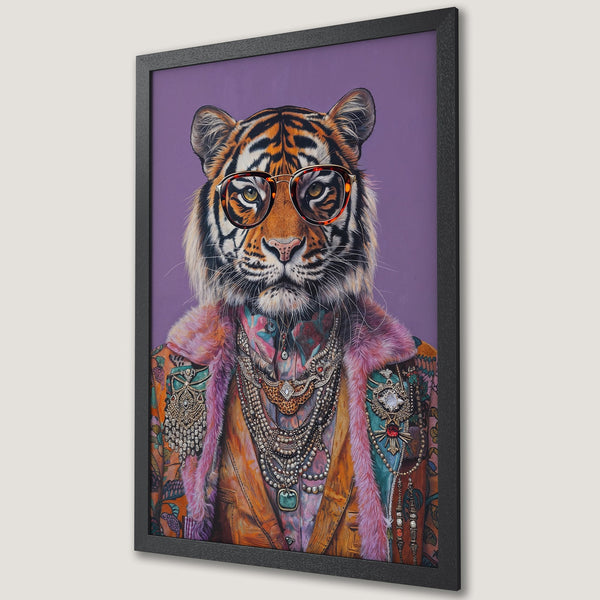 Framed Poster featuring a stylish tiger in a colorful, detailed portrait. Rich, warm color palette with purple background. Perfect wall art!