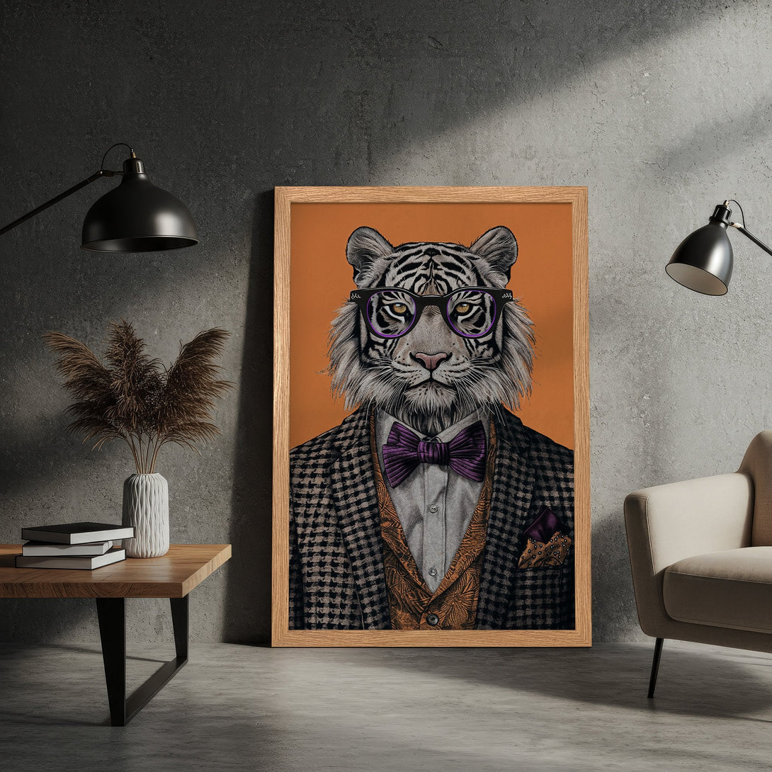 Framed Poster featuring a dapper tiger in a suit, stylish illustration with warm orange, gray, and purple tones. Perfect wall art!