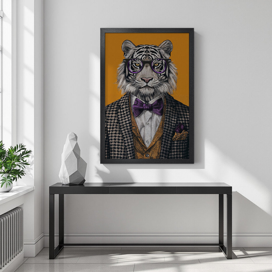 Framed Poster featuring a dapper tiger in a suit, with a vibrant orange background. Stylish animal art with a modern, colorful palette.