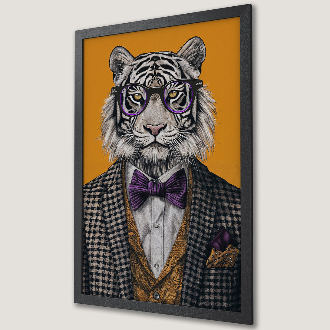 Framed Poster featuring a dapper tiger in a suit, stylish illustration with a warm color palette of gold, purple, and black.