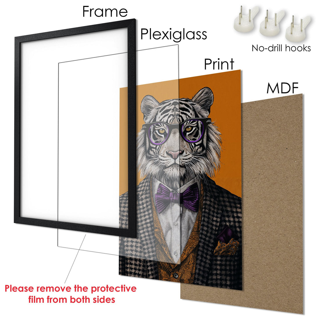 Framed Poster featuring a dapper tiger in a suit. Stylish illustration with orange, purple, and black color palette. Perfect wall art!