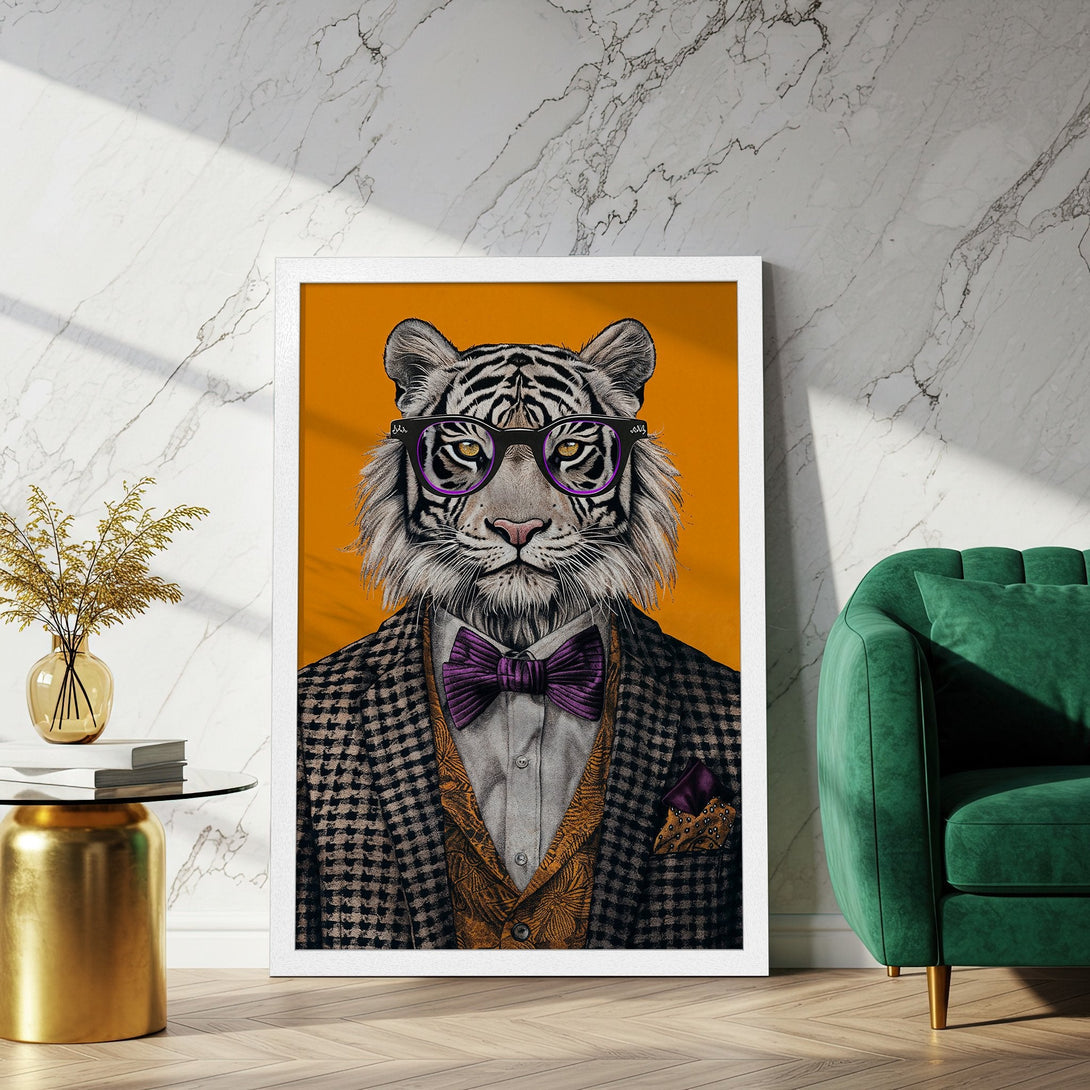 Framed Poster featuring a dapper tiger in a suit. Stylish illustration with orange, brown, and purple color palette. Add a touch of wild sophistication!