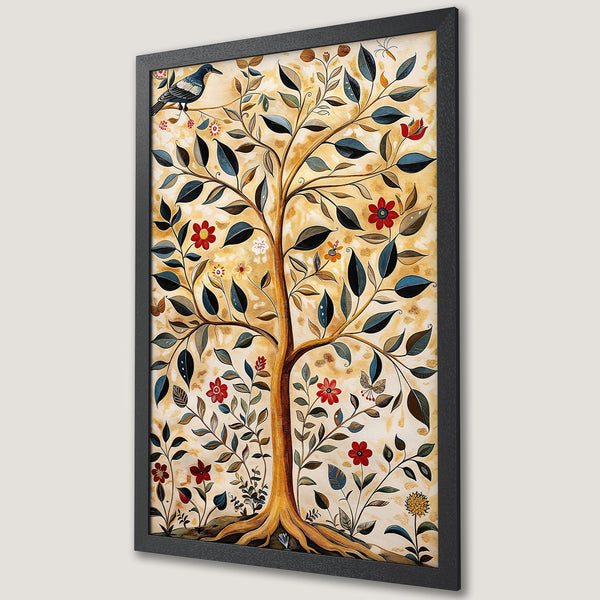 Framed Poster featuring a stylized tree with bird, flowers, and leaves. Earthy tones of gold, red, and blue create a warm, inviting aesthetic.