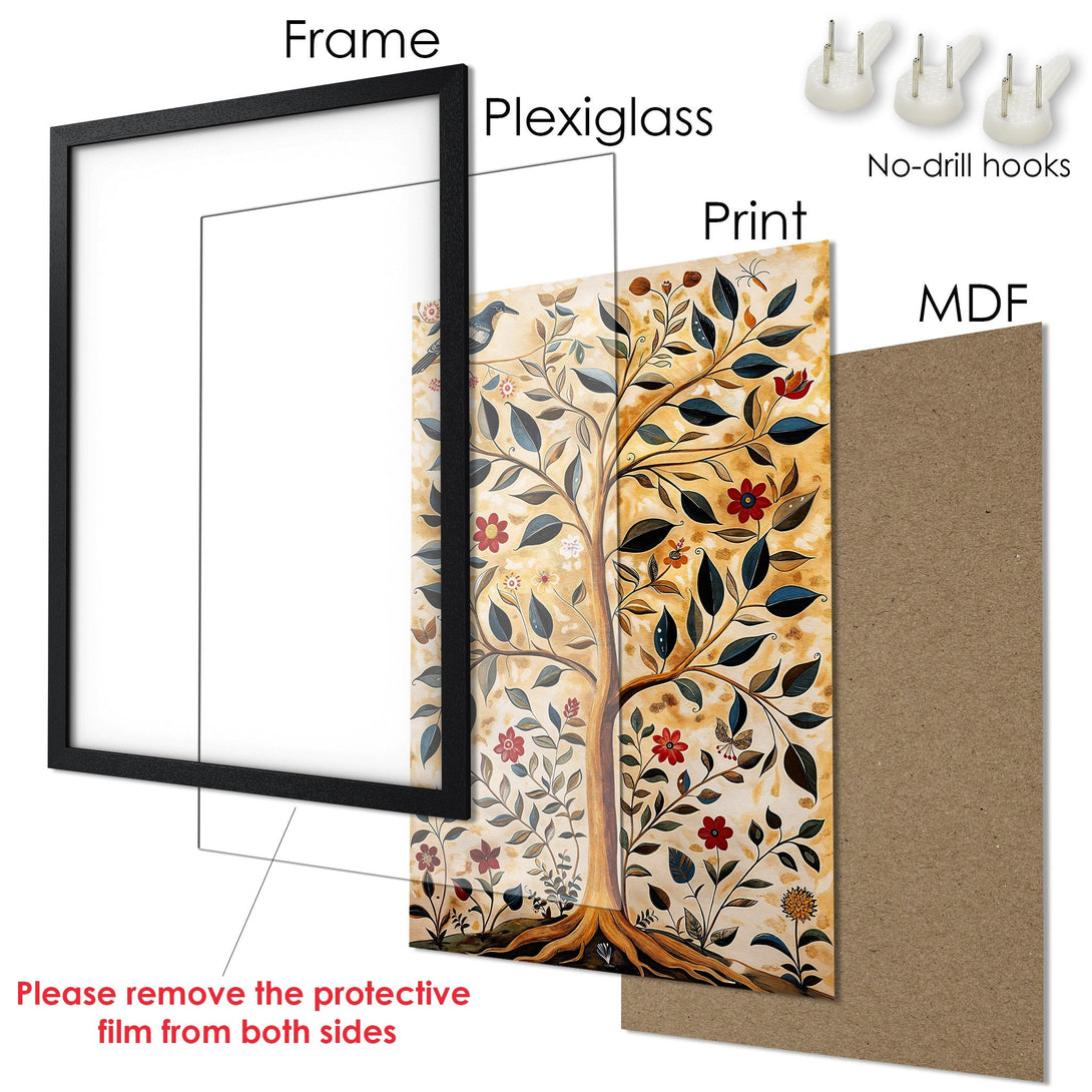 Framed Poster featuring a tree illustration in warm, earthy tones. Perfect wall art for a cozy home. Includes no-drill hooks.