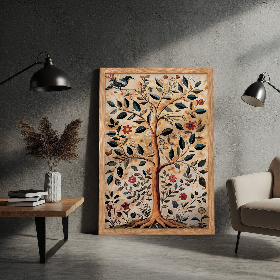 Framed Poster of a stylized tree with a bird, warm color palette. Perfect wall art for your home decor.